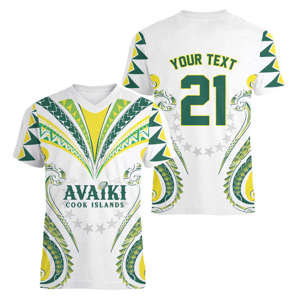 Custom Rugby Cook Islands Avaiki Women V-Neck T-Shirt White Kuki Airani Tribal Maori Inspired - Polynesian Pride