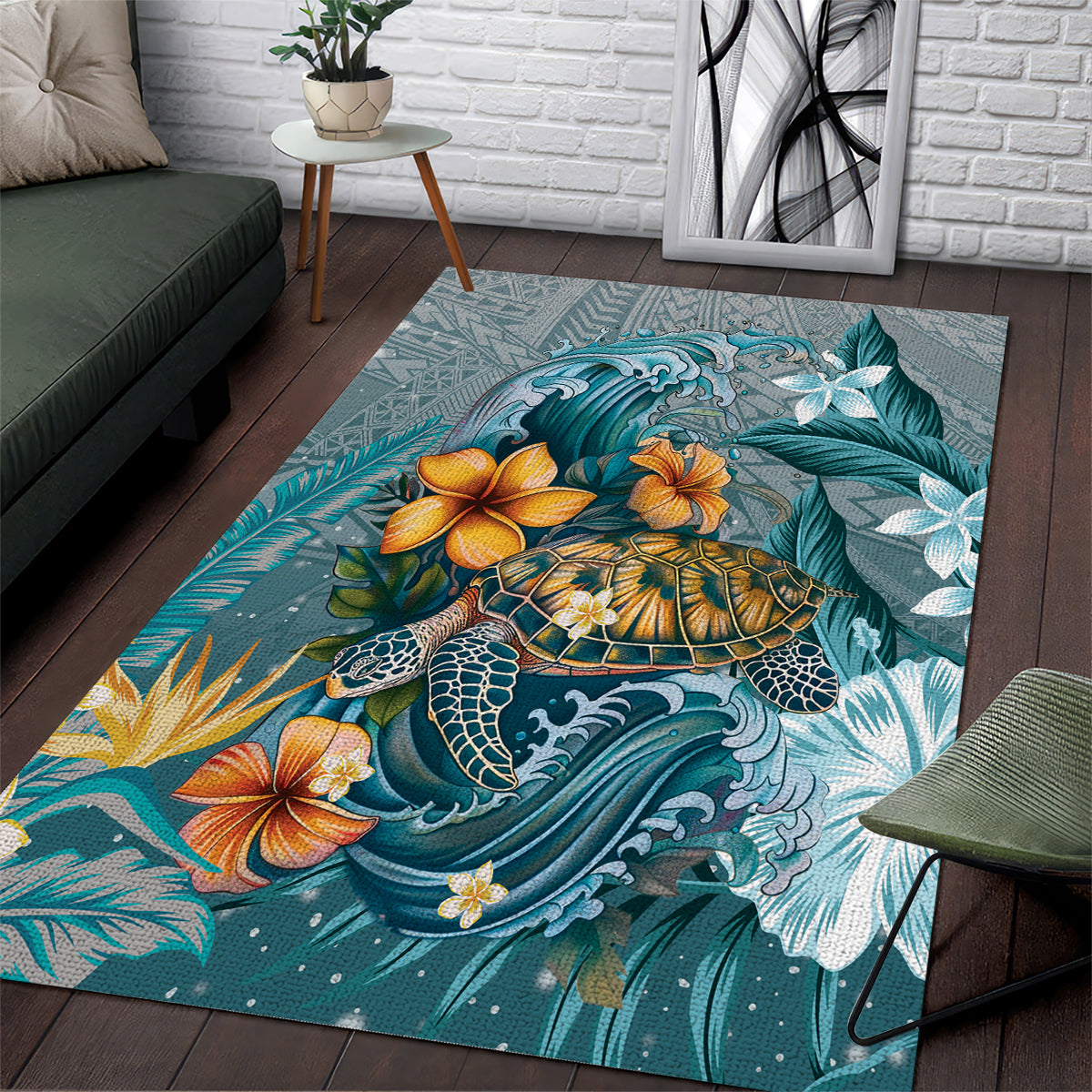 Sea Turtle In The Ocean Area Rug with Polynesian Pattern Arty Style