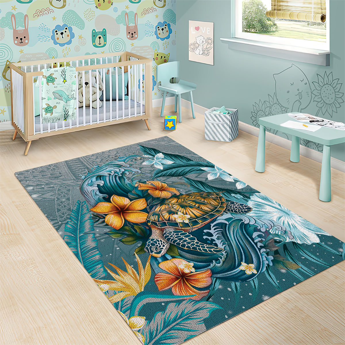 Sea Turtle In The Ocean Area Rug with Polynesian Pattern Arty Style