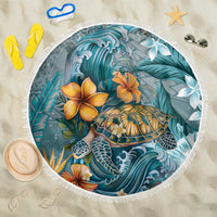 Sea Turtle In The Ocean Beach Blanket with Polynesian Pattern Arty Style