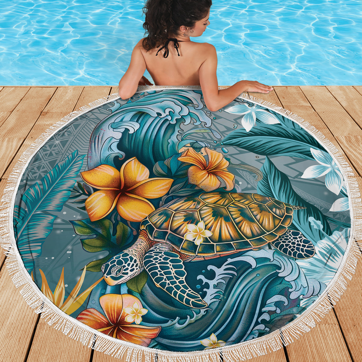 Sea Turtle In The Ocean Beach Blanket with Polynesian Pattern Arty Style