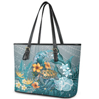 Sea Turtle In The Ocean Leather Tote Bag with Polynesian Pattern Arty Style