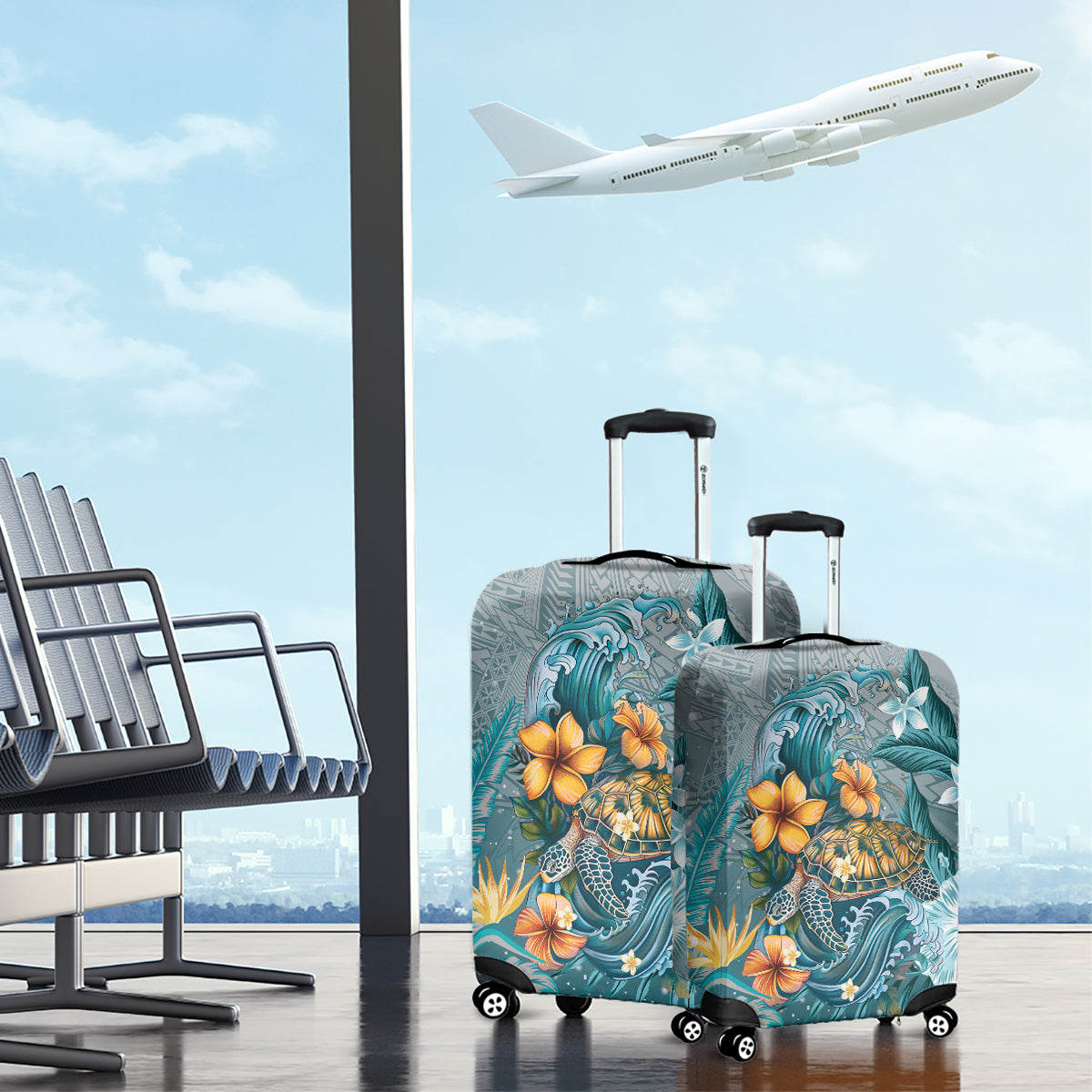 Sea Turtle In The Ocean Luggage Cover with Polynesian Pattern Arty Style