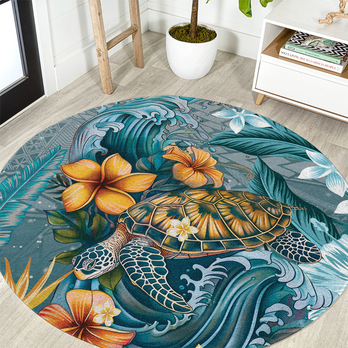 Sea Turtle In The Ocean Round Carpet with Polynesian Pattern Arty Style LT9 Blue - Polynesian Pride