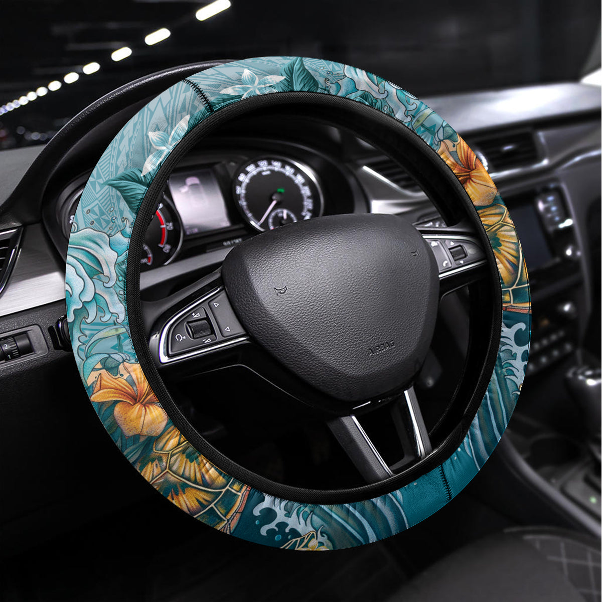 Sea Turtle In The Ocean Steering Wheel Cover with Polynesian Pattern Arty Style