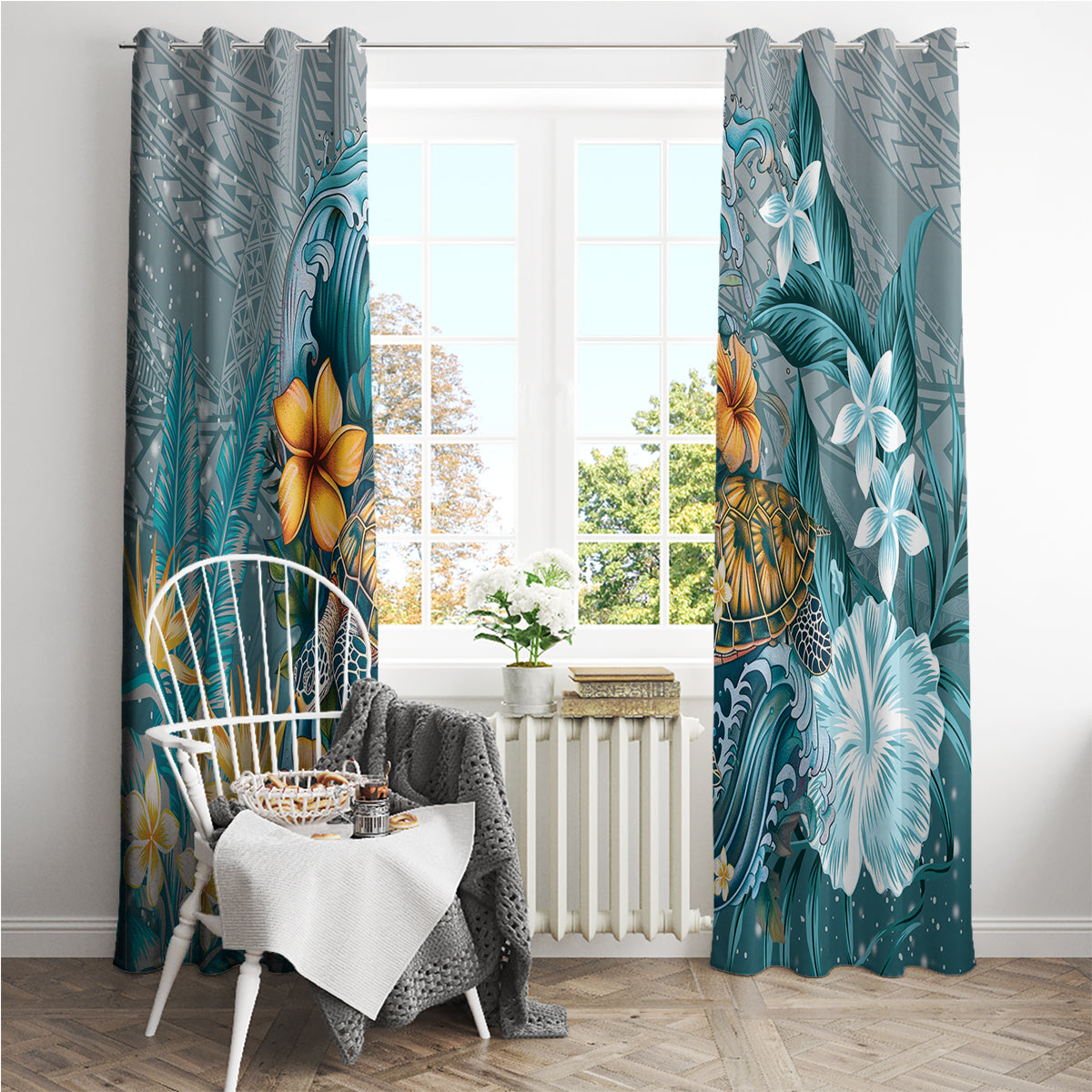 Sea Turtle In The Ocean Window Curtain with Polynesian Pattern Arty Style