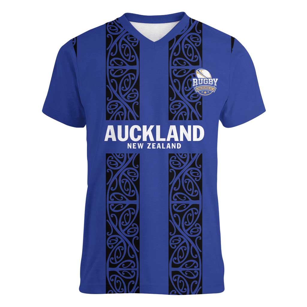 Custom Oceania Football NZ Auckland Women V-Neck T-Shirt Maori Tribal Pattern LT9 Female Blue - Polynesian Pride