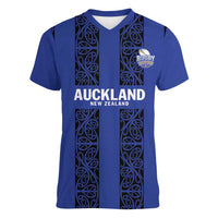 Custom Oceania Football NZ Auckland Women V-Neck T-Shirt Maori Tribal Pattern LT9 Female Blue - Polynesian Pride