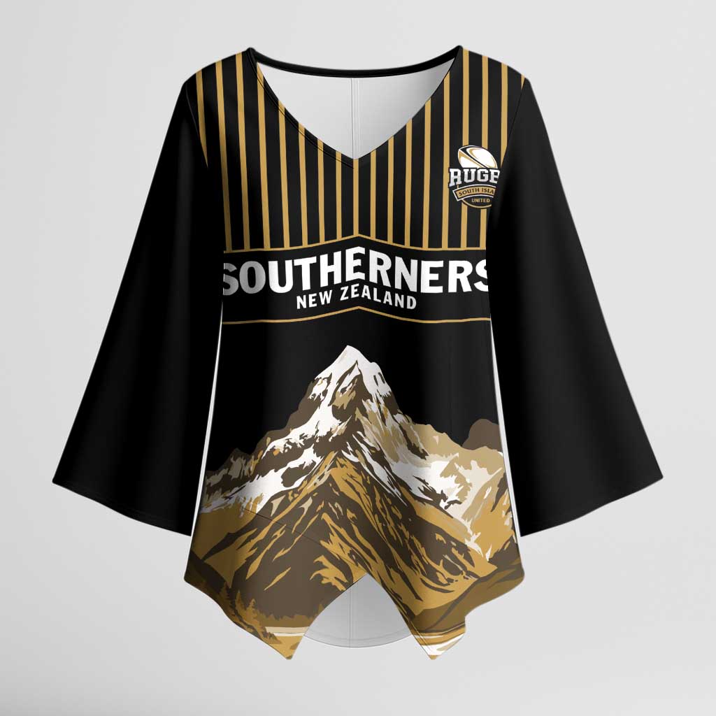 Custom Oceania Football NZ South Island Kimono Sleeve Blouse Minimal Mount Cook Silhouette LT9 Female Black - Polynesian Pride
