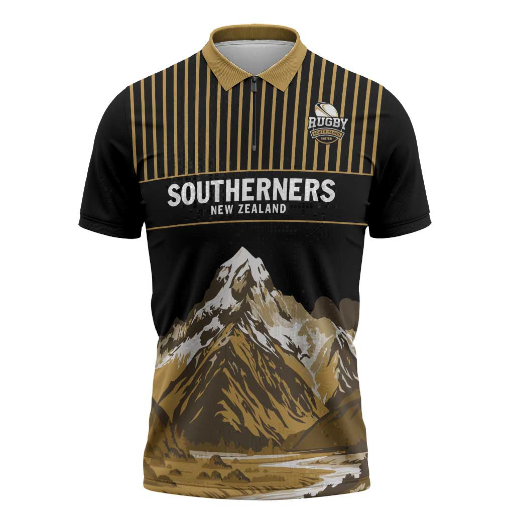 Custom Oceania Football NZ South Island Zipper Polo Shirt Minimal Mount Cook Silhouette LT9 Black - Polynesian Pride