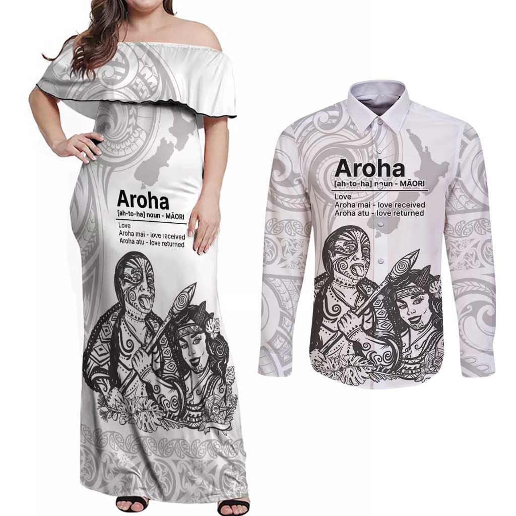 Aroha Maori Language Couples Matching Off Shoulder Maxi Dress and Long Sleeve Button Shirt Te Reo Maori Inspired Art