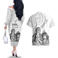 Aroha Maori Language Couples Matching Off The Shoulder Long Sleeve Dress and Hawaiian Shirt Te Reo Maori Inspired Art