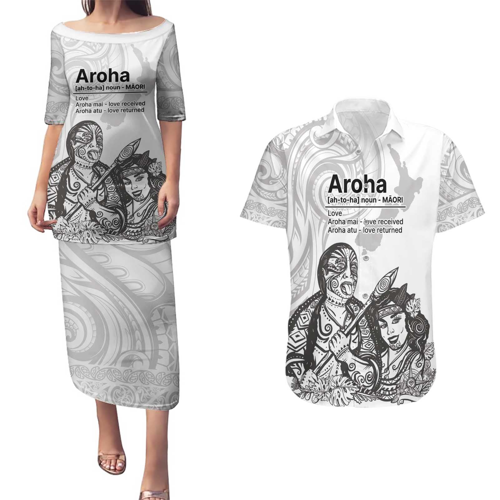 Aroha Maori Language Couples Matching Puletasi and Hawaiian Shirt Te Reo Maori Inspired Art
