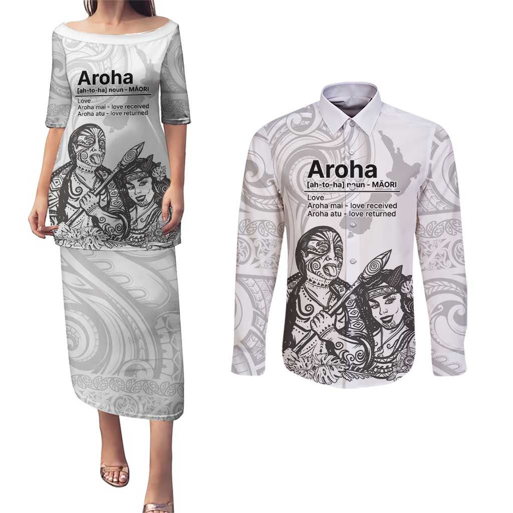 Aroha Maori Language Couples Matching Puletasi and Long Sleeve Button Shirt Te Reo Maori Inspired Art