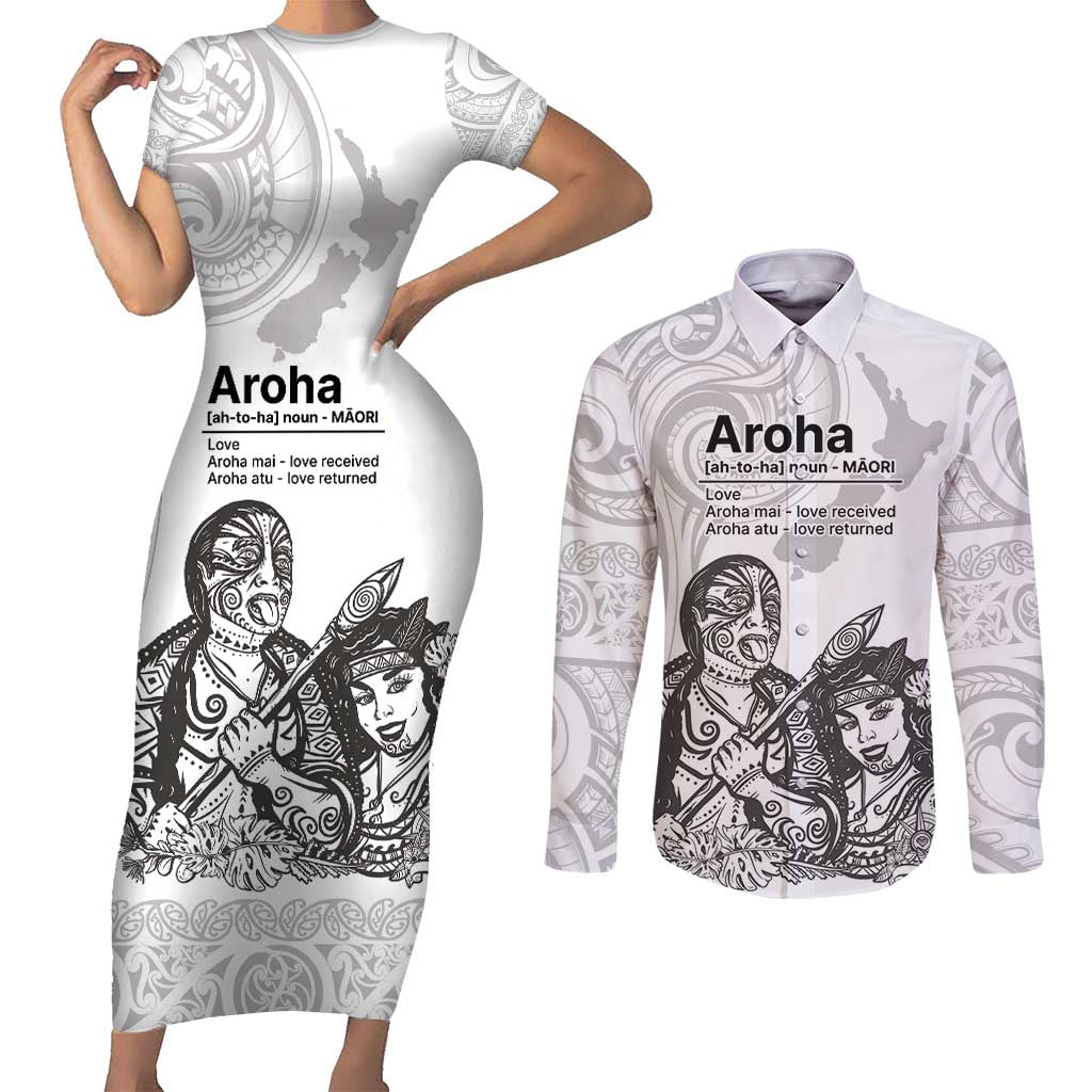 Aroha Maori Language Couples Matching Short Sleeve Bodycon Dress and Long Sleeve Button Shirt Te Reo Maori Inspired Art