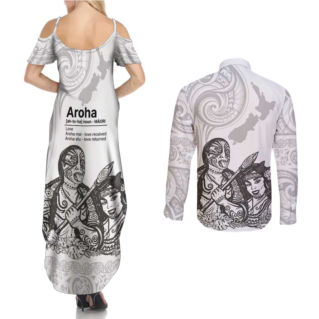 Aroha Maori Language Couples Matching Summer Maxi Dress and Long Sleeve Button Shirt Te Reo Maori Inspired Art