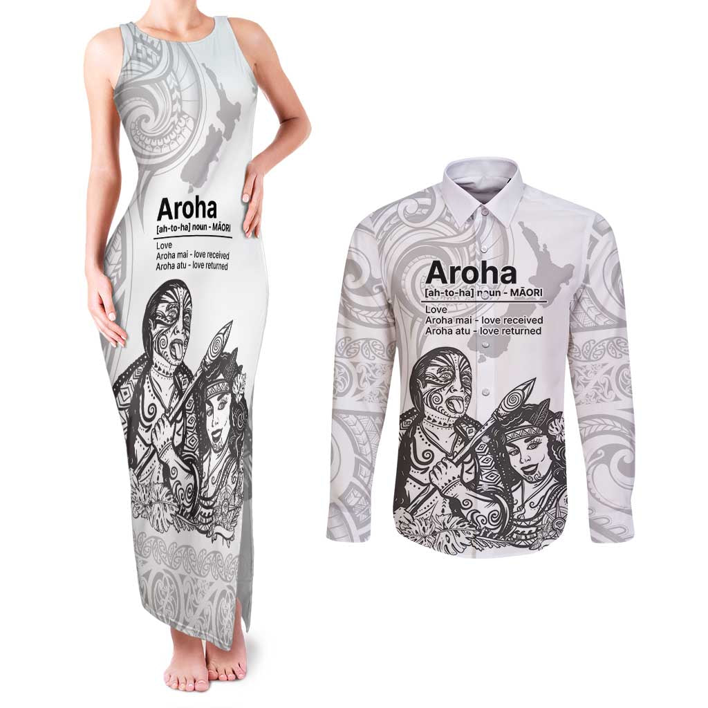 Aroha Maori Language Couples Matching Tank Maxi Dress and Long Sleeve Button Shirt Te Reo Maori Inspired Art
