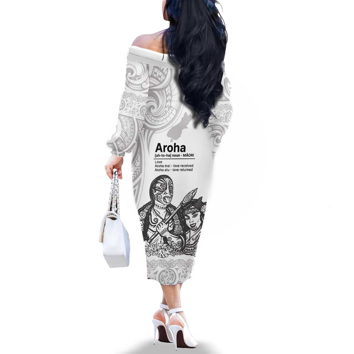 Aroha Maori Language Family Matching Off The Shoulder Long Sleeve Dress and Hawaiian Shirt Te Reo Maori Inspired Art