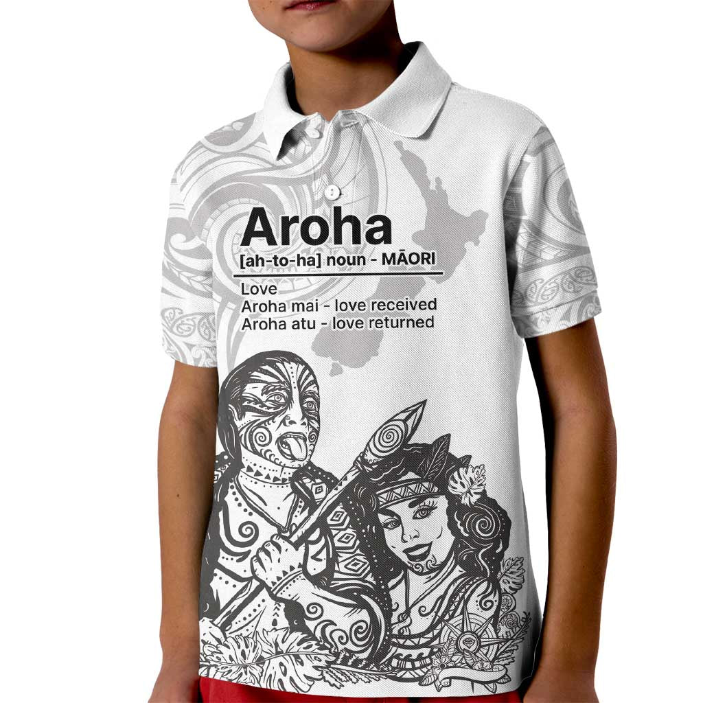 Aroha Maori Language Kid Polo Shirt Te Reo Maori Inspired Art LT9 Kid white - Polynesian Pride
