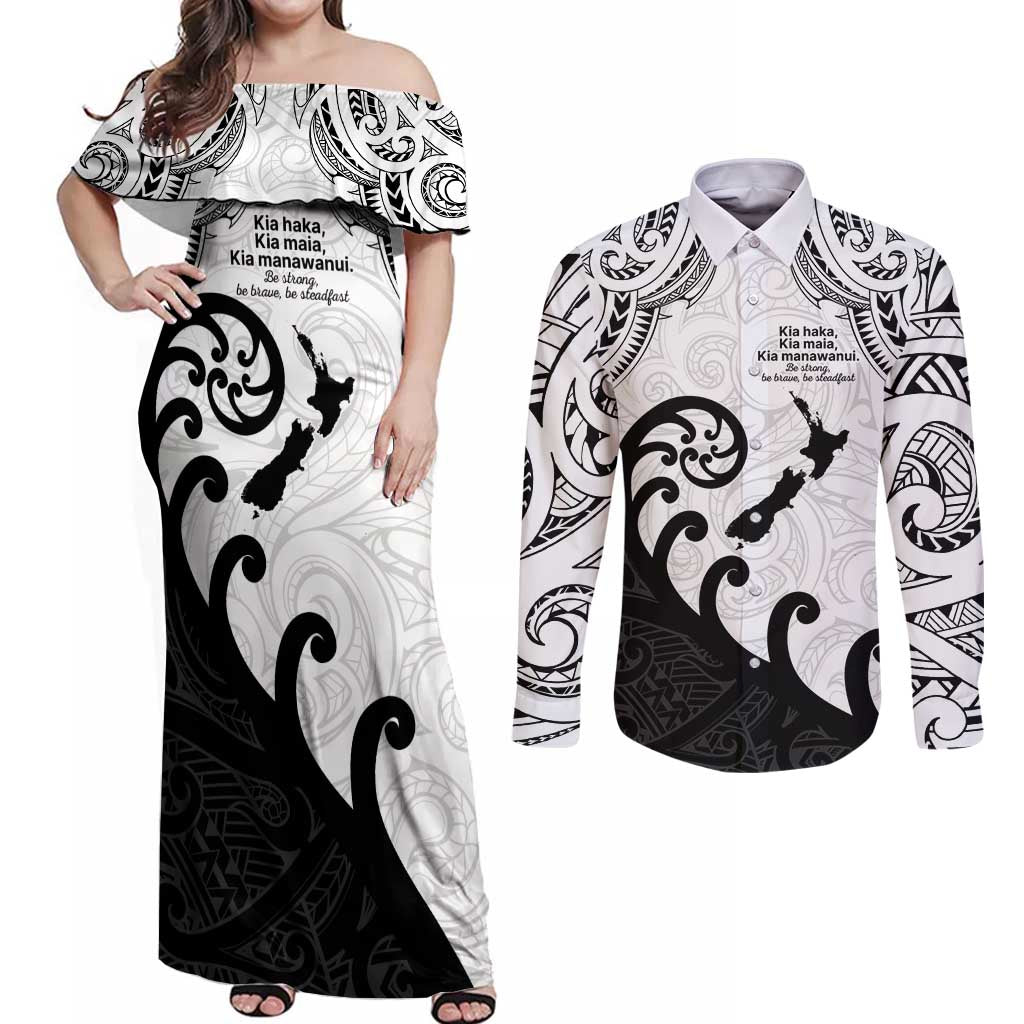 Kia Haka Maori language Couples Matching Off Shoulder Maxi Dress and Long Sleeve Button Shirt Te Reo Maori Inspired Art