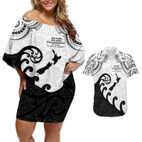 Kia Haka Maori language Couples Matching Off Shoulder Short Dress and Hawaiian Shirt Te Reo Maori Inspired Art