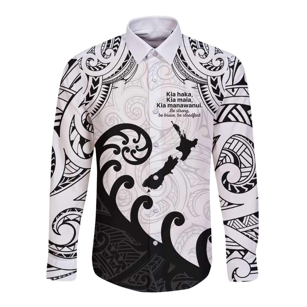 Kia Haka Maori language Long Sleeve Button Shirt Te Reo Maori Inspired Art LT9 Unisex white - Polynesian Pride