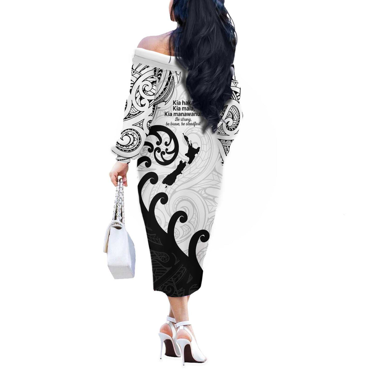 Kia Haka Maori language Off The Shoulder Long Sleeve Dress Te Reo Maori Inspired Art