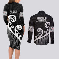 Kia Mau Ki To Ukaipo Couples Matching Long Sleeve Bodycon Dress and Long Sleeve Button Shirt Te Reo Maori Koru Fern Art