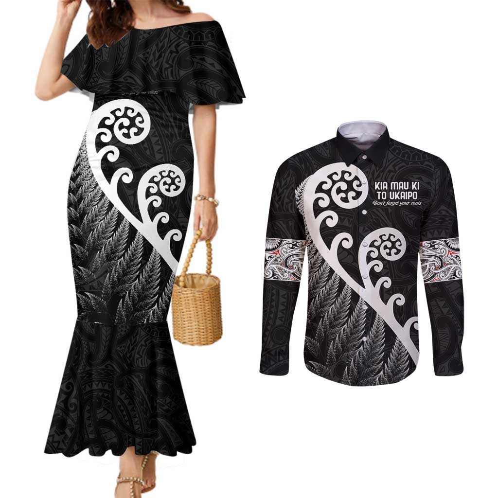 Kia Mau Ki To Ukaipo Couples Matching Mermaid Dress and Long Sleeve Button Shirt Te Reo Maori Koru Fern Art
