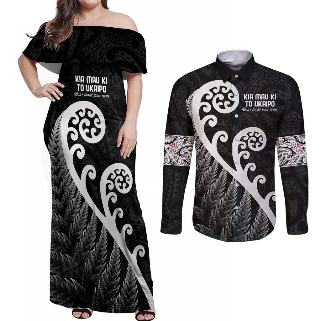 Kia Mau Ki To Ukaipo Couples Matching Off Shoulder Maxi Dress and Long Sleeve Button Shirt Te Reo Maori Koru Fern Art