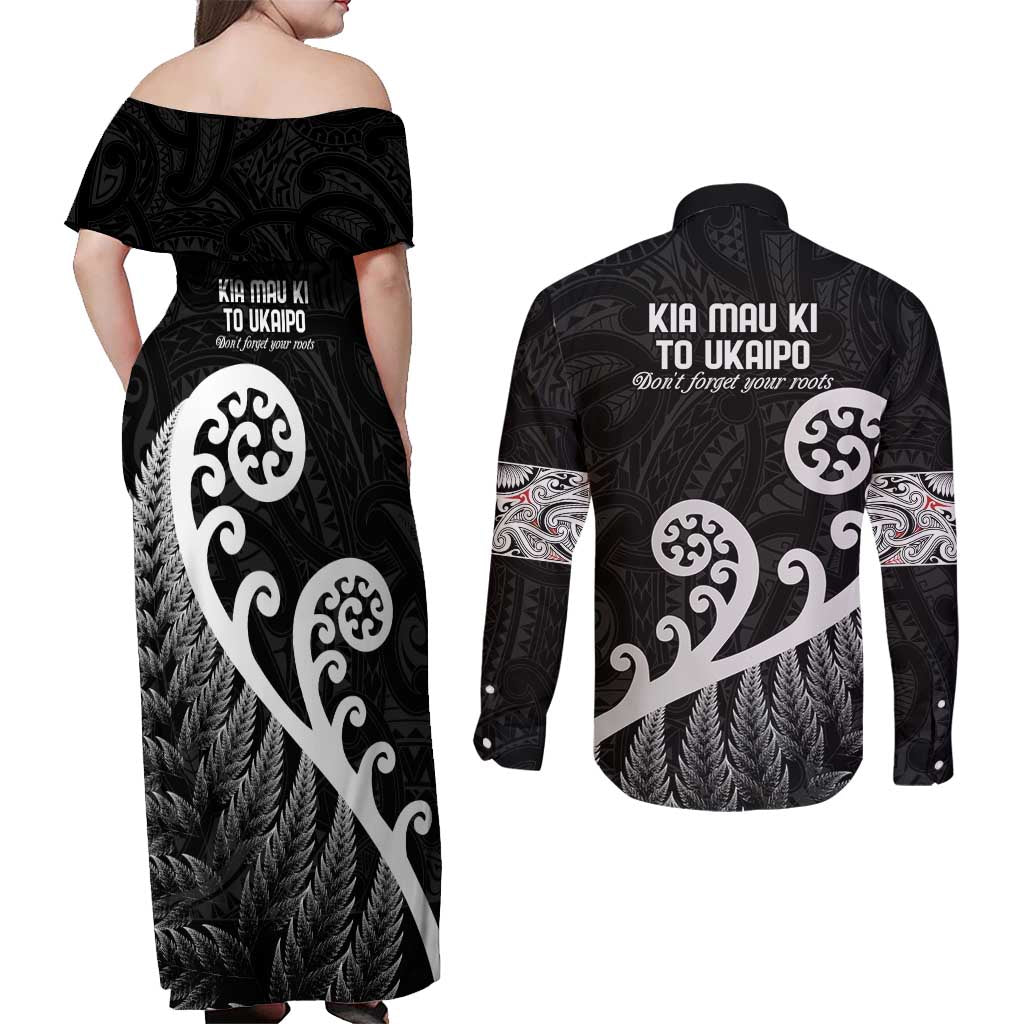 Kia Mau Ki To Ukaipo Couples Matching Off Shoulder Maxi Dress and Long Sleeve Button Shirt Te Reo Maori Koru Fern Art