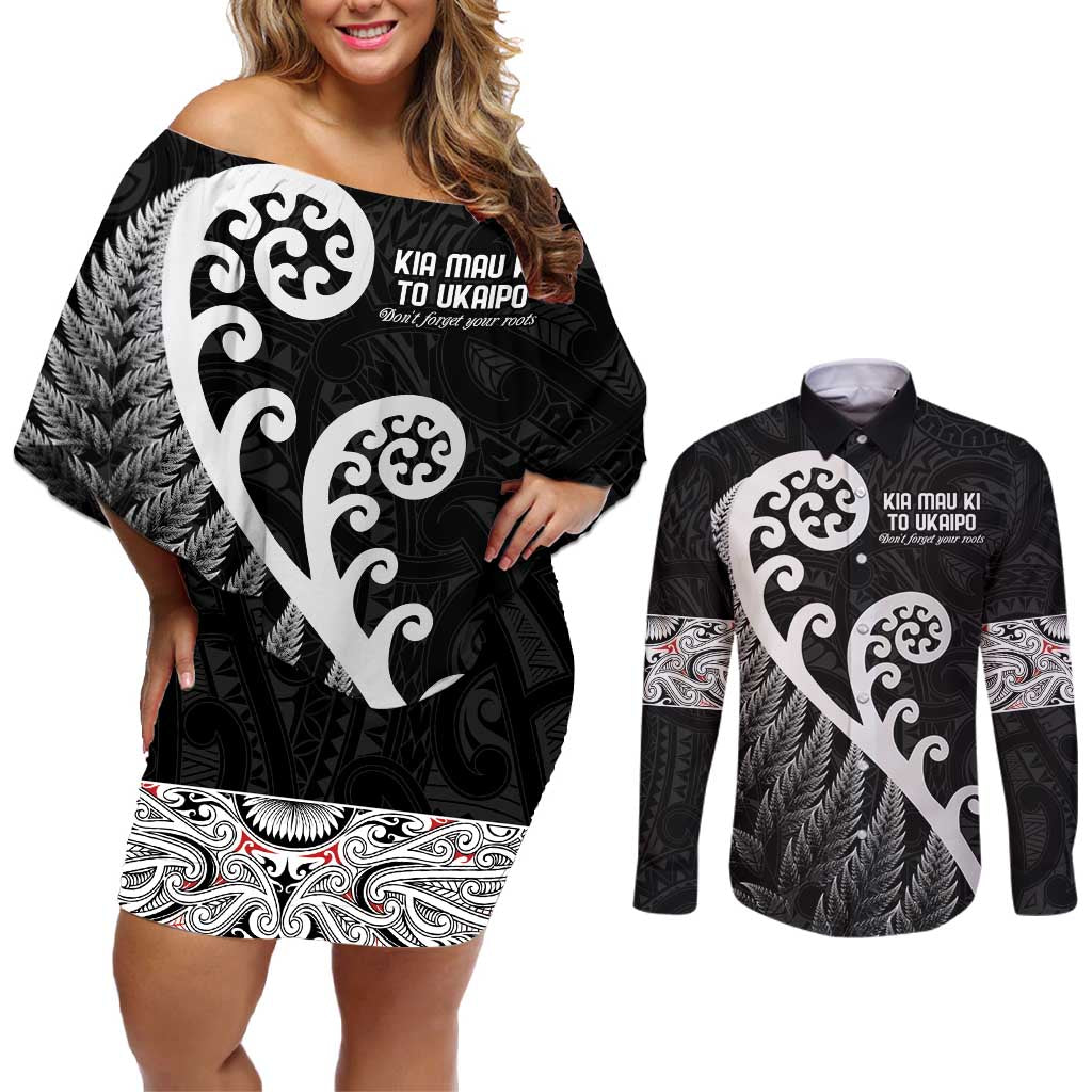 Kia Mau Ki To Ukaipo Couples Matching Off Shoulder Short Dress and Long Sleeve Button Shirt Te Reo Maori Koru Fern Art