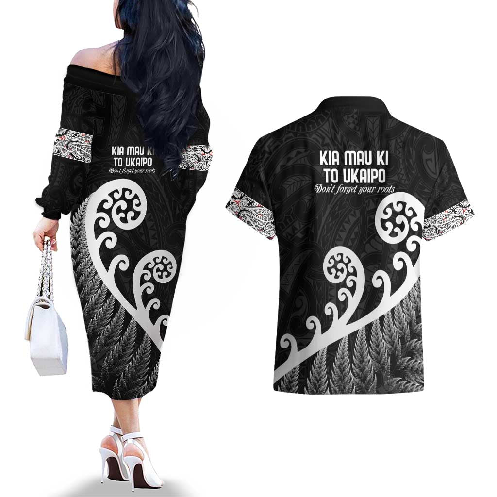 Kia Mau Ki To Ukaipo Couples Matching Off The Shoulder Long Sleeve Dress and Hawaiian Shirt Te Reo Maori Koru Fern Art