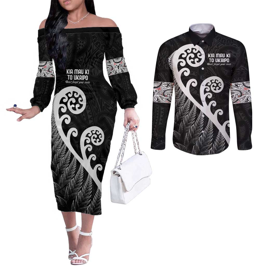 Kia Mau Ki To Ukaipo Couples Matching Off The Shoulder Long Sleeve Dress and Long Sleeve Button Shirt Te Reo Maori Koru Fern Art