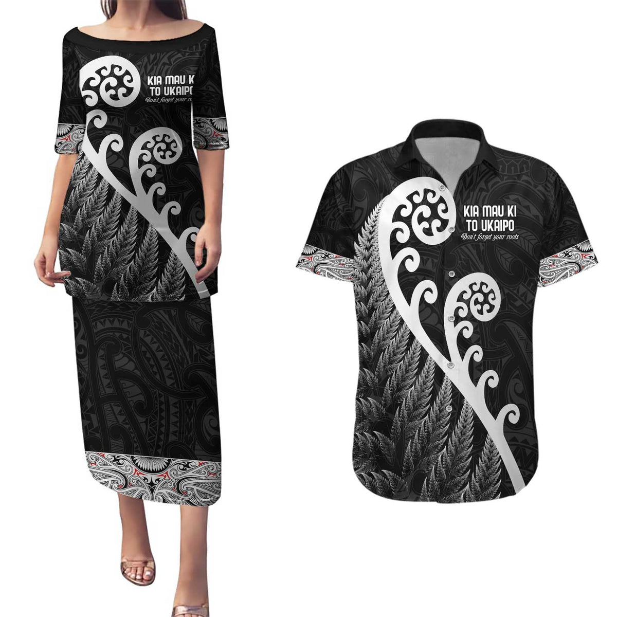 Kia Mau Ki To Ukaipo Couples Matching Puletasi and Hawaiian Shirt Te Reo Maori Koru Fern Art