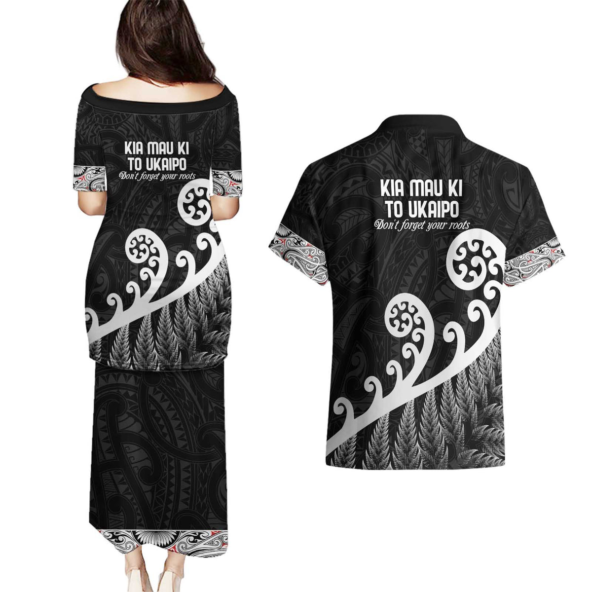 Kia Mau Ki To Ukaipo Couples Matching Puletasi and Hawaiian Shirt Te Reo Maori Koru Fern Art