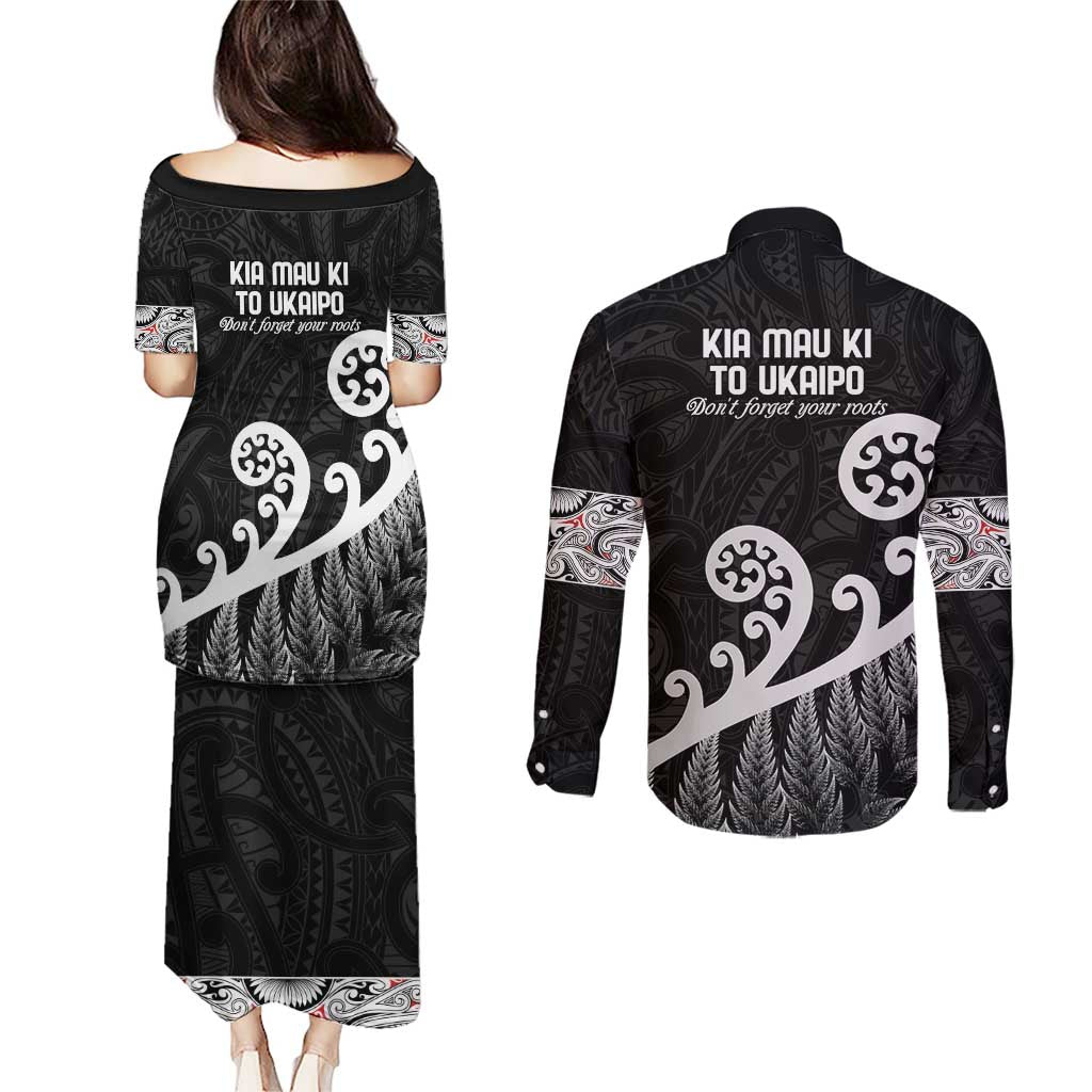 Kia Mau Ki To Ukaipo Couples Matching Puletasi and Long Sleeve Button Shirt Te Reo Maori Koru Fern Art