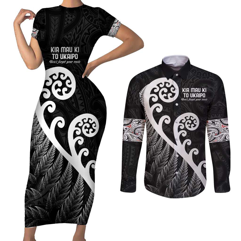 Kia Mau Ki To Ukaipo Couples Matching Short Sleeve Bodycon Dress and Long Sleeve Button Shirt Te Reo Maori Koru Fern Art