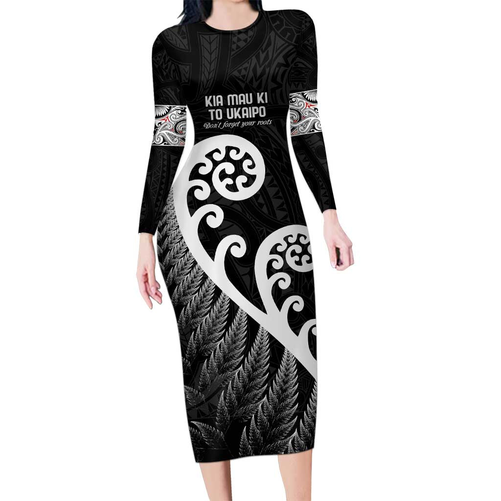 Kia Mau Ki To Ukaipo Long Sleeve Bodycon Dress Te Reo Maori Koru Fern Art