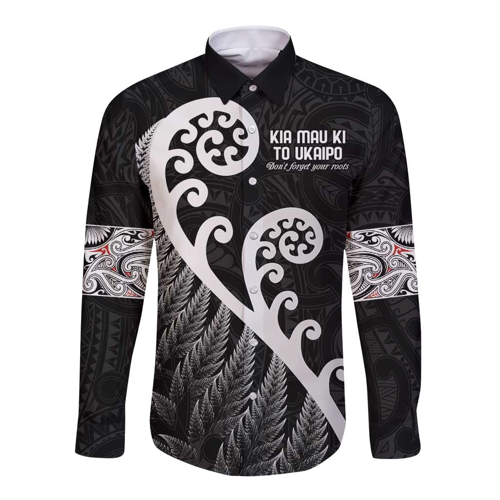 Kia Mau Ki To Ukaipo Long Sleeve Button Shirt Te Reo Maori Koru Fern Art LT9 Unisex Black - Polynesian Pride