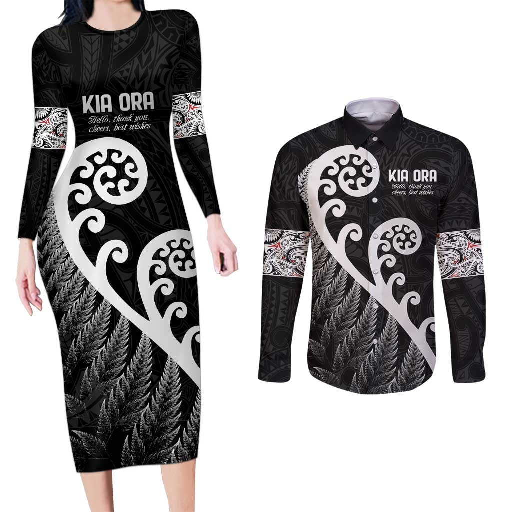 Kia Ora Maori Language Couples Matching Long Sleeve Bodycon Dress and Long Sleeve Button Shirt Te Reo Maori Koru Fern Art