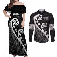 Kia Ora Maori Language Couples Matching Off Shoulder Maxi Dress and Long Sleeve Button Shirt Te Reo Maori Koru Fern Art