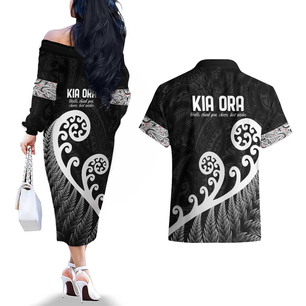 Kia Ora Maori Language Couples Matching Off The Shoulder Long Sleeve Dress and Hawaiian Shirt Te Reo Maori Koru Fern Art