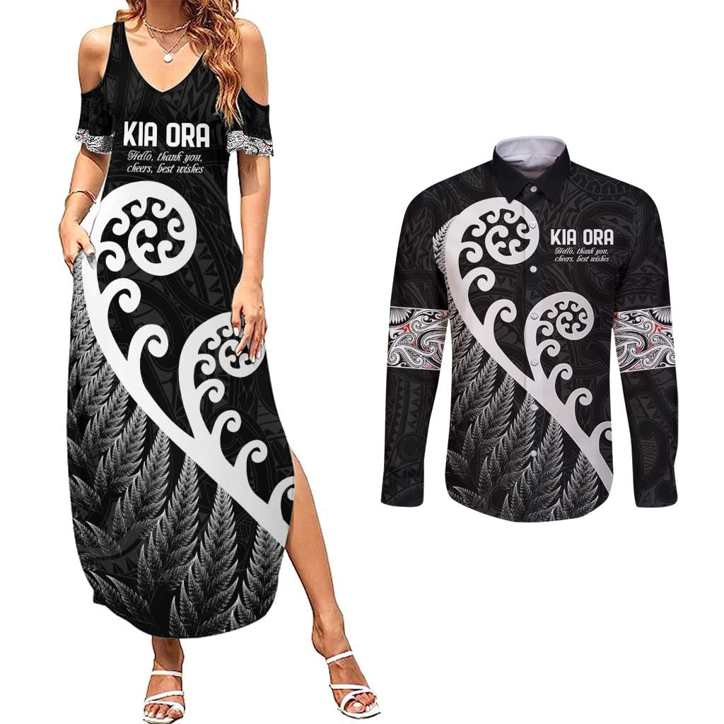 Kia Ora Maori Language Couples Matching Summer Maxi Dress and Long Sleeve Button Shirt Te Reo Maori Koru Fern Art