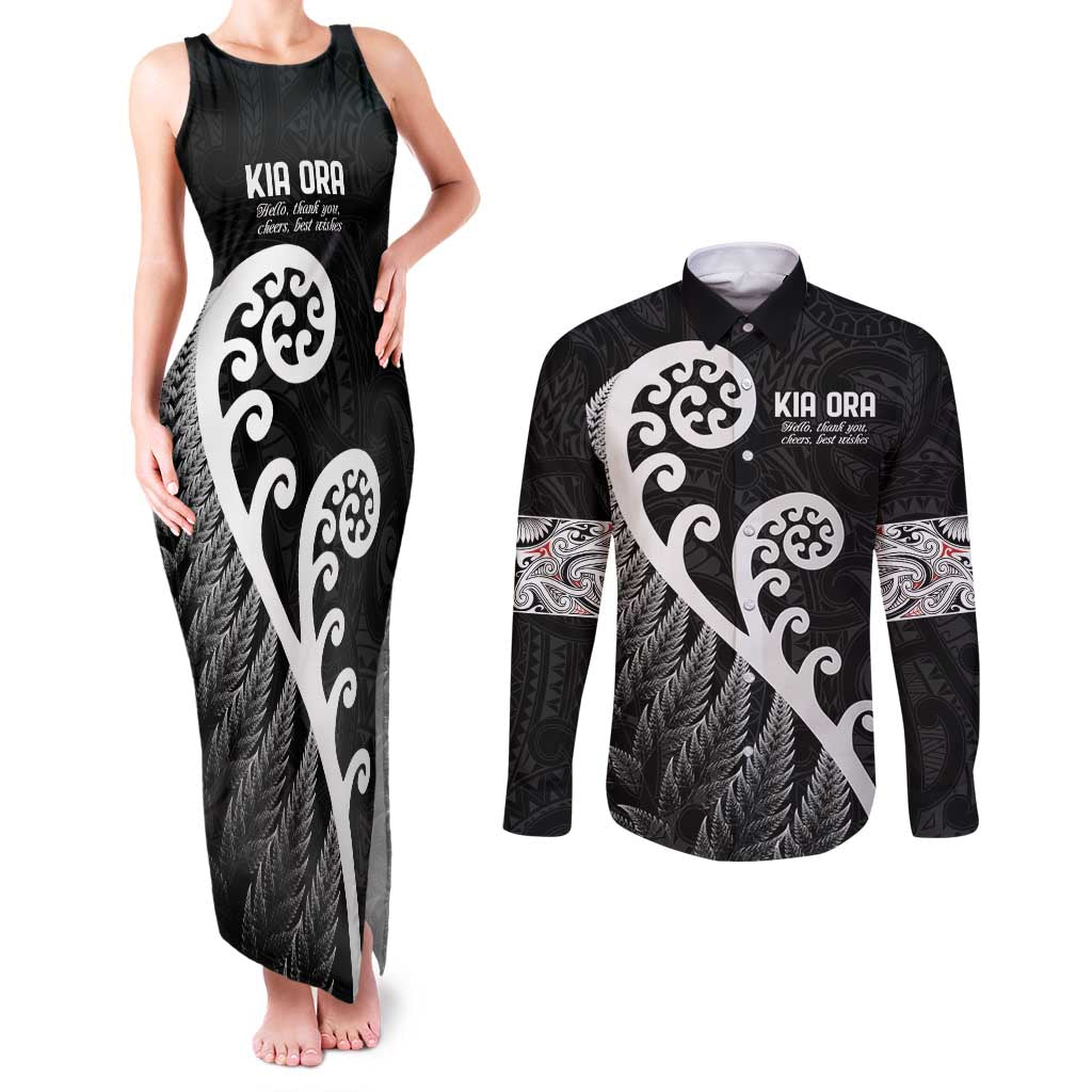 Kia Ora Maori Language Couples Matching Tank Maxi Dress and Long Sleeve Button Shirt Te Reo Maori Koru Fern Art