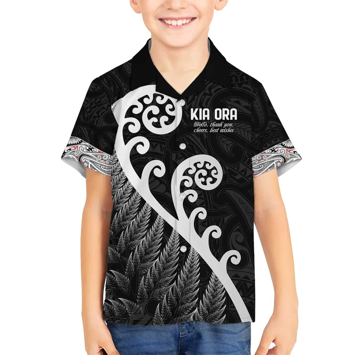 Kia Ora Maori Language Family Matching Off The Shoulder Long Sleeve Dress and Hawaiian Shirt Te Reo Maori Koru Fern Art
