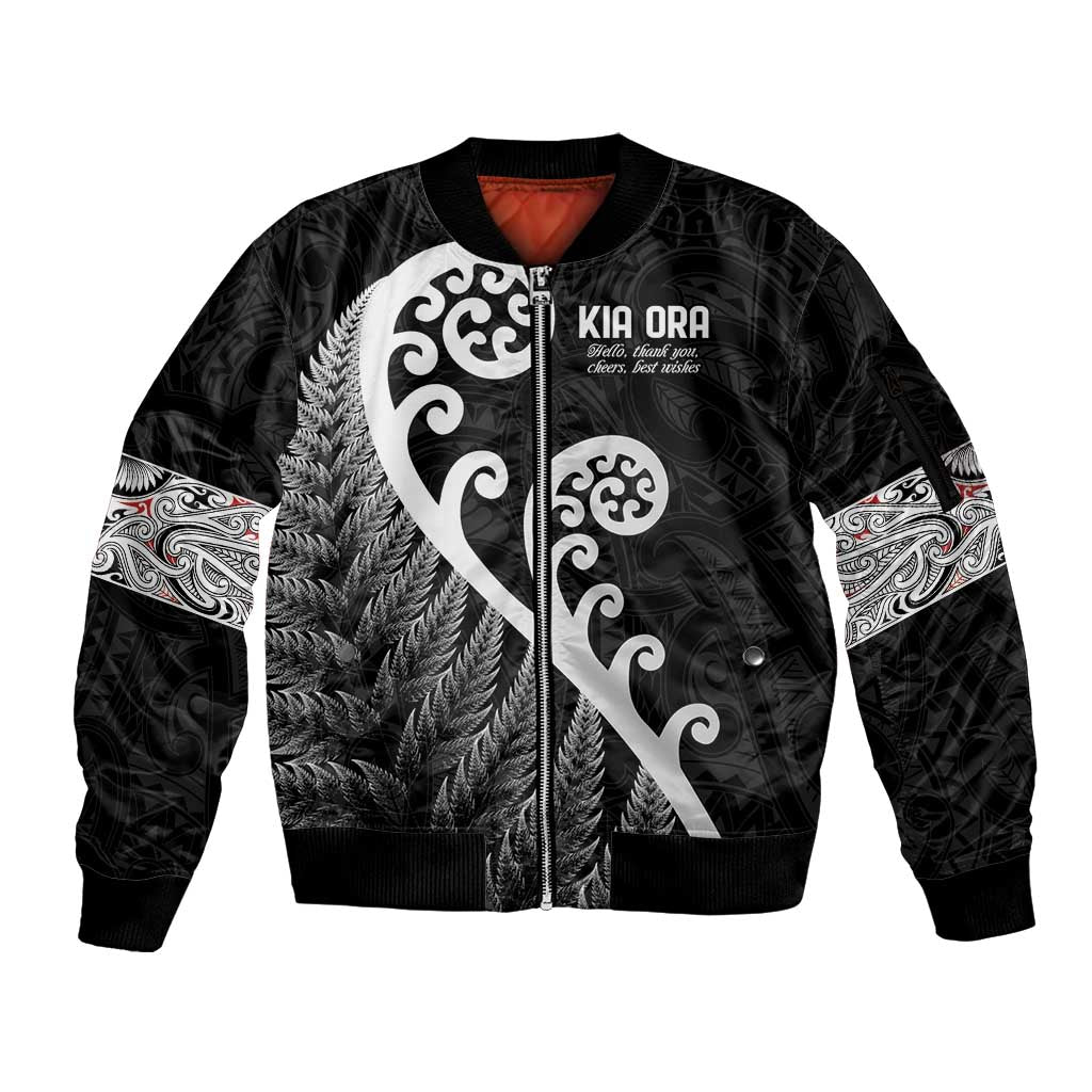 Kia Ora Maori Language Sleeve Zip Bomber Jacket Te Reo Maori Koru Fern Art