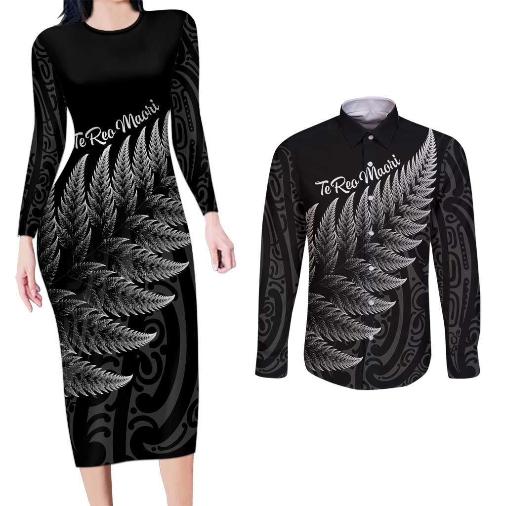 New Zealand Te Reo Māori Couples Matching Long Sleeve Bodycon Dress and Long Sleeve Button Shirt Simple Black Fern