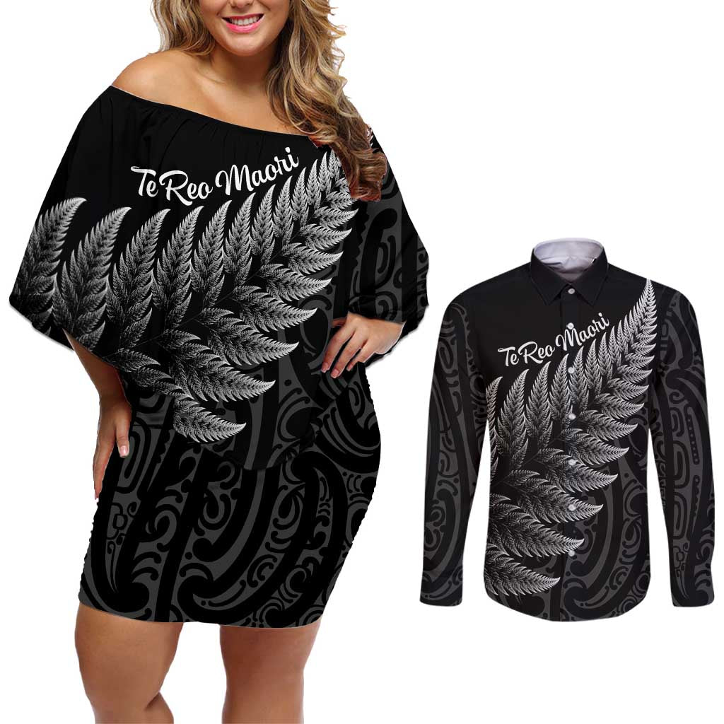New Zealand Te Reo Māori Couples Matching Off Shoulder Short Dress and Long Sleeve Button Shirt Simple Black Fern