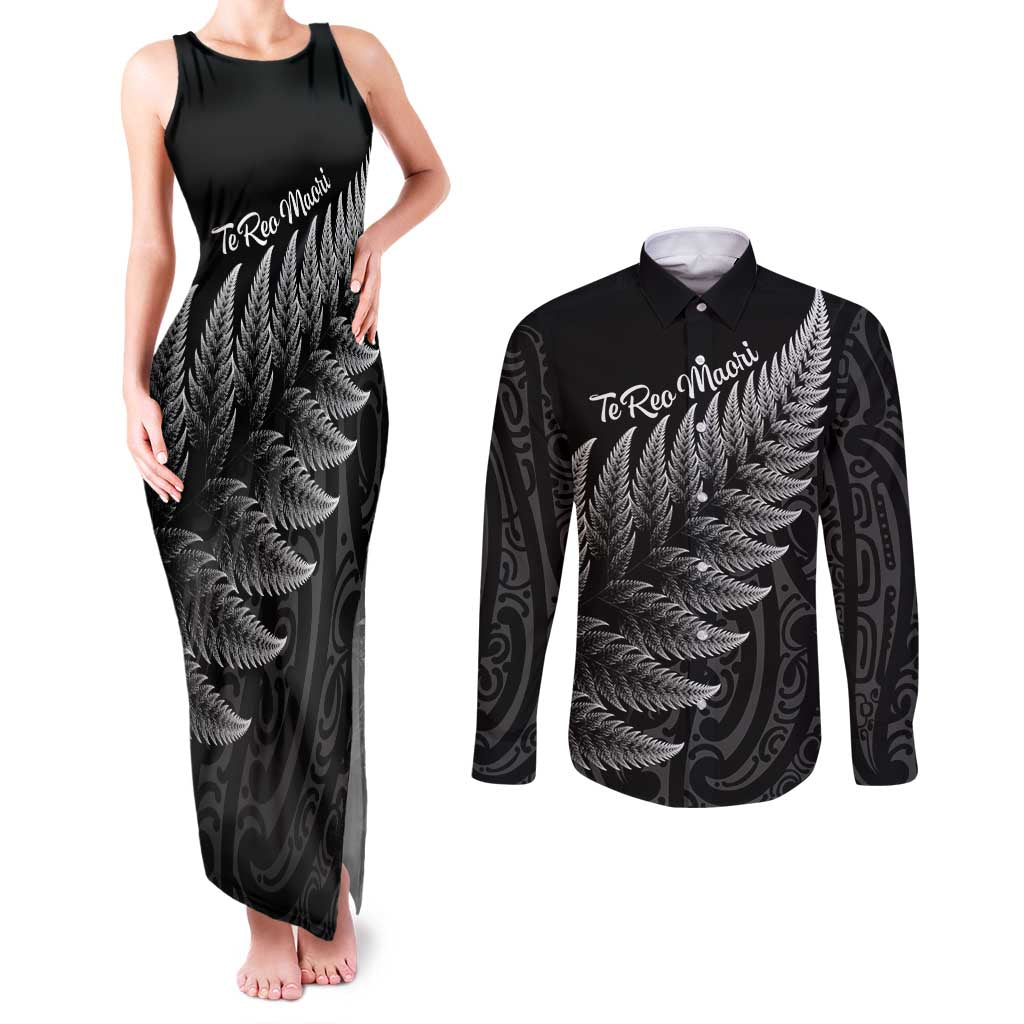 New Zealand Te Reo Māori Couples Matching Tank Maxi Dress and Long Sleeve Button Shirt Simple Black Fern